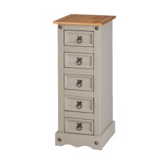 Corona Grey 5 Drawer Narrow Tall Chest of Drawers - Mexican Solid Pine