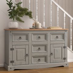 Corona Grey Sideboard 2 Door 5 Drawer Large, Mexican Solid Pine