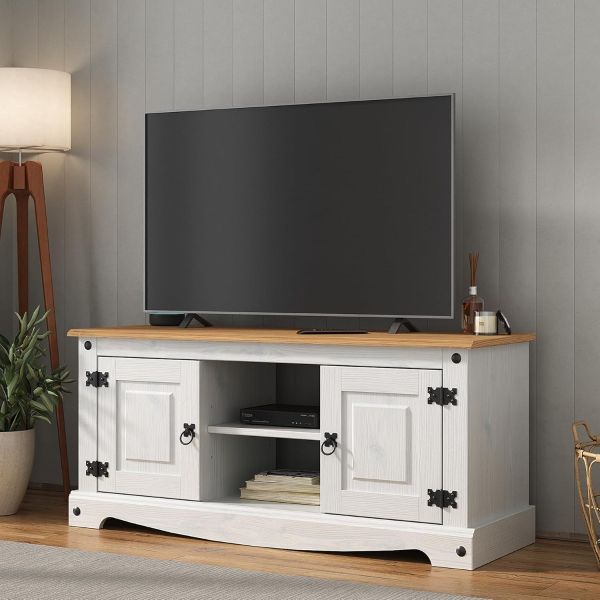 Corona TV Stand 2 Door 1 Shelf White Flat Screen Unit Mexican Solid Pine