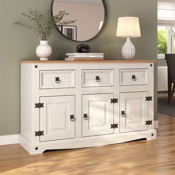 Corona White Sideboard 3 Door 3 Drawer Large Mexican Solid Pine