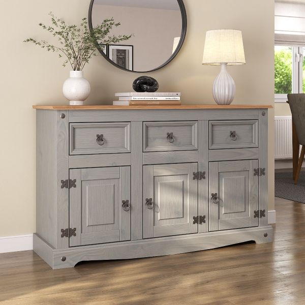 Corona Grey Sideboard 3 Door 3 Drawer Large, Mexican Solid Pine