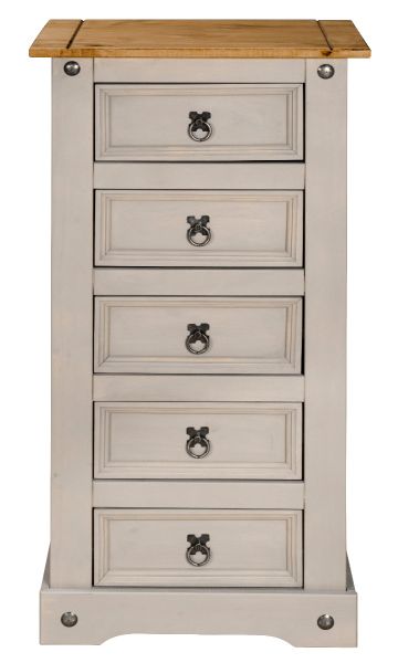 Corona Grey 5 Drawer Chest of Drawers, Tallboy - Mexican Waxed Pine