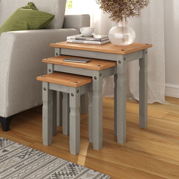 Corona Grey Nest of Tables, Mexican Solid Pine