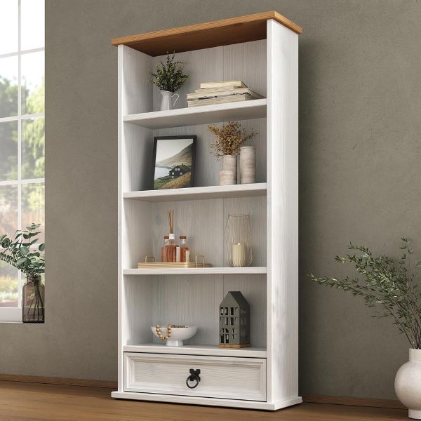 Corona Bookcase White 1 Drawer DVD Rack Storage Mexican Solid Pine