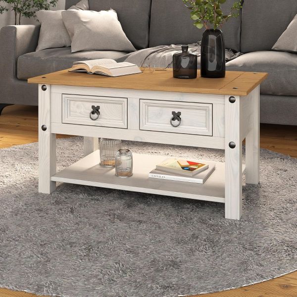 Corona Coffee Table White 2 Drawer Mexican Solid Pine