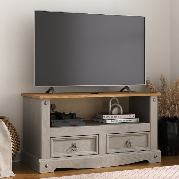 Corona Grey TV Stand 2 Drawer Flat Screen Television Unit - Mexican Solid Pine