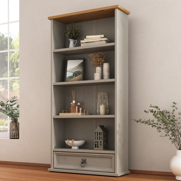 Corona Grey 1 Drawer DVD Bookcase Rack Storage Bookcase - Mexican Solid Pine