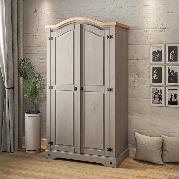 Corona Grey Wardrobe 2 Door Arched Top Double - Mexican Solid Pine