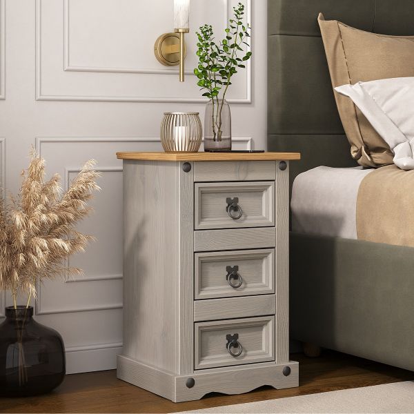 Corona Grey Bedside 3 Drawer Table Chest of Drawers - Mexican Solid Pine