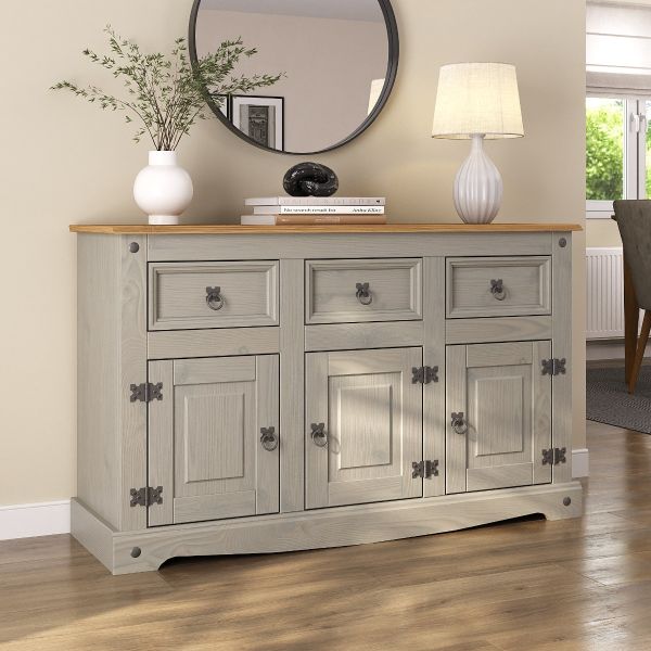 Corona Grey Sideboard 3 Door 3 Drawer Large, Mexican Solid Pine