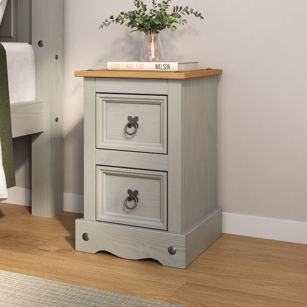 Corona Grey Bedside 2 Drawer Table Chest of Drawers - Mexican Solid Pine