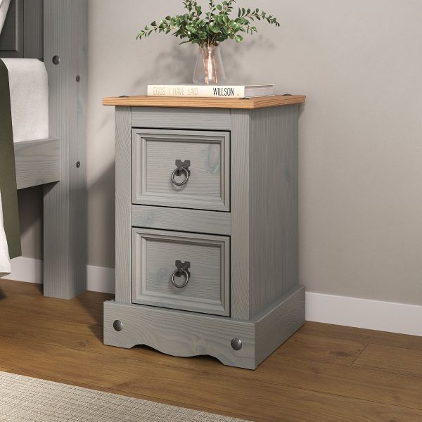 Corona Grey Bedside 2 Drawer Table Chest of Drawers - Mexican Solid Pine