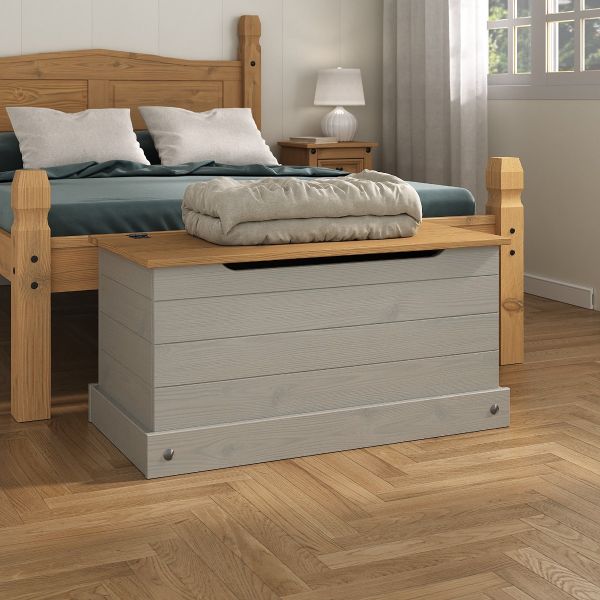 Corona Grey Storage Trunk Ottoman Blanket Box - Mexican Solid Pine