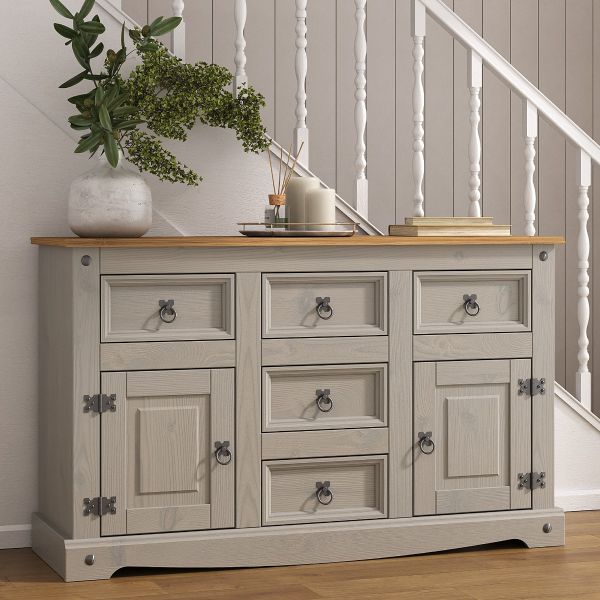 Corona Grey Sideboard 2 Door 5 Drawer Large, Mexican Solid Pine