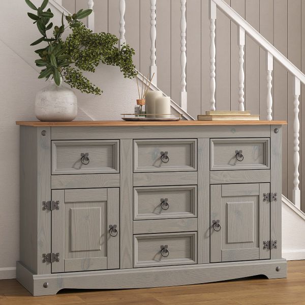 Corona Grey Sideboard 2 Door 5 Drawer Large, Mexican Solid Pine