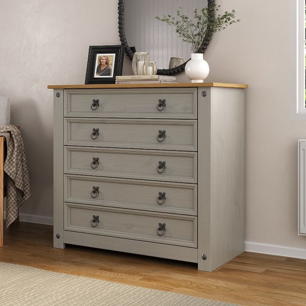 Corona Grey 5 Drawer Chest of Drawers Mexican Solid Pine