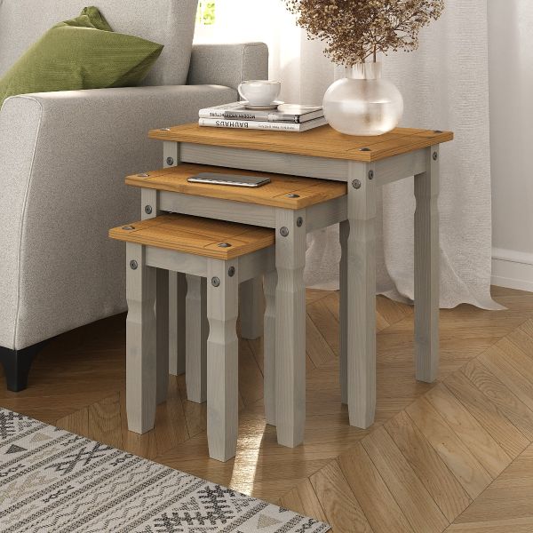 Corona Grey Nest of Tables, Mexican Solid Pine