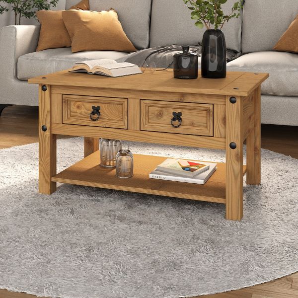 Corona 2 Drawer Coffee Table, Mexican Solid Pine